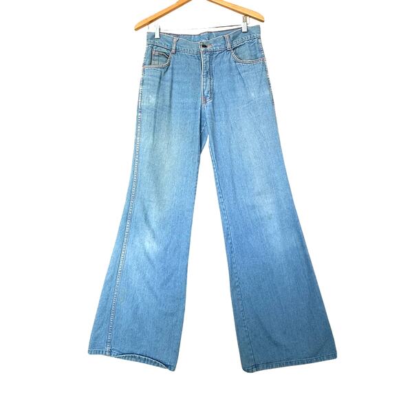 VTG 70s DISCO Flare Jeans Womens 10 12 31x34 Blue Denim Festival Boho Western - Picture 1 of 9